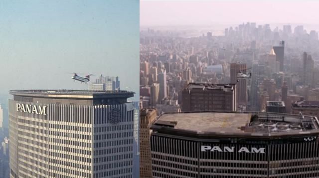 An actual helicopter takes off from the Pan Am building, left, and a CGI helicopter takes off from a CGI Pan Am building, right. 